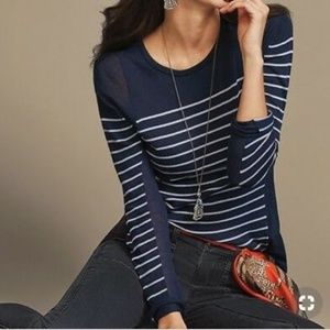 CAbi Regiment Pullover Navy Gray Stripe Sweater L